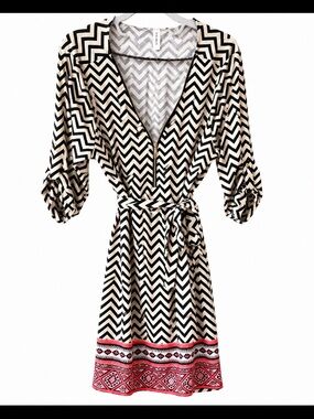 Tacera Chevron Wrap Dress in Black and Cream with Pink Tint